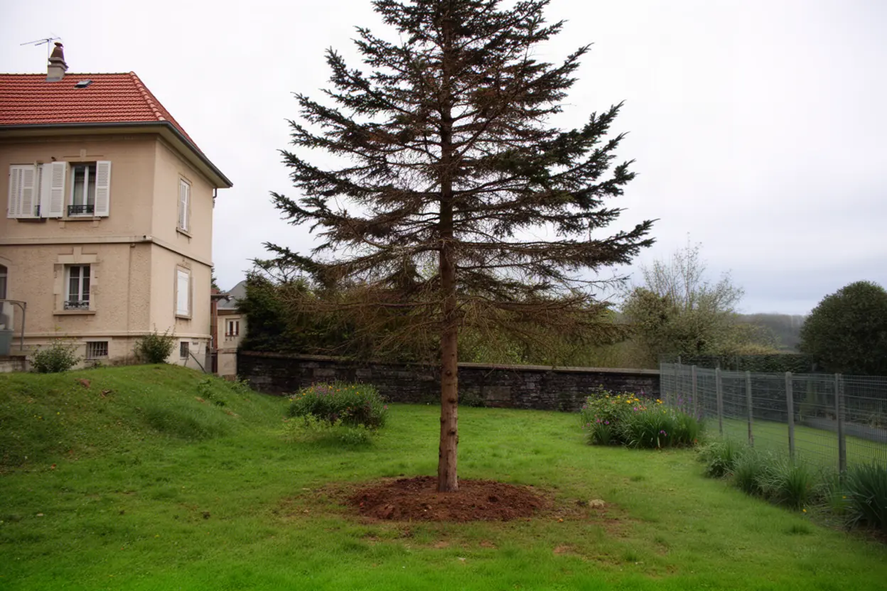 Épicéa fragilisé avant démontage dans un jardin à Chamalières