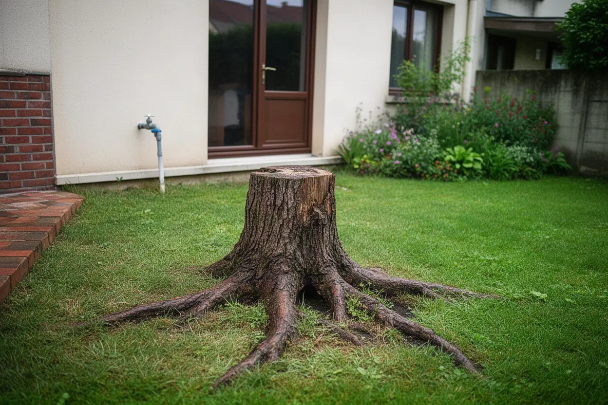 Souche avant rognage dans jardin à Clermont-Ferrand