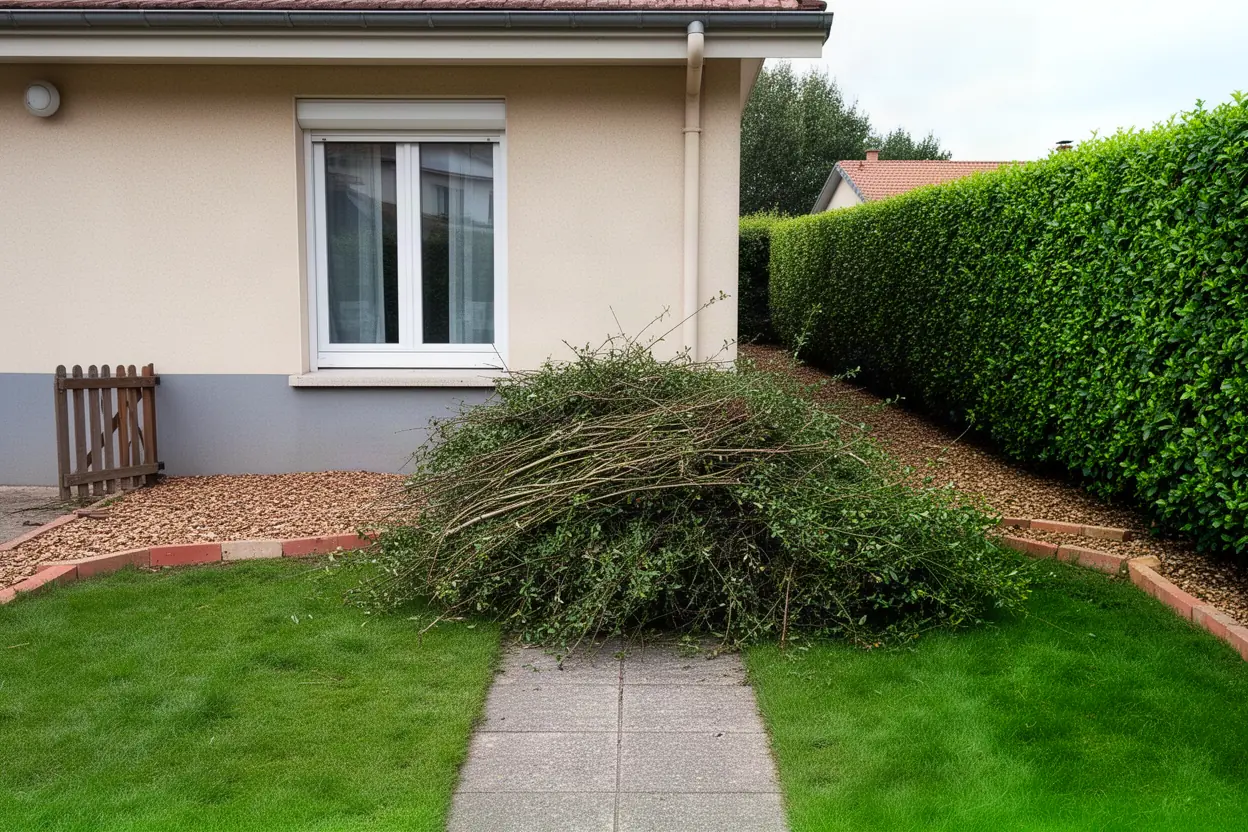 Branches de haie accumulées dans un jardin à Cébazat