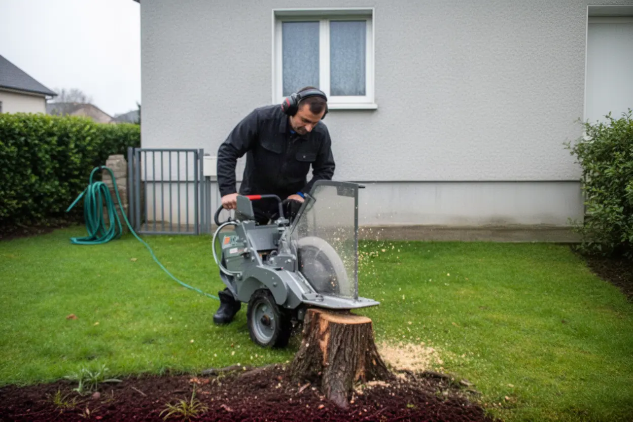 Rogneuse supprimant une souche dans un jardin clermontois