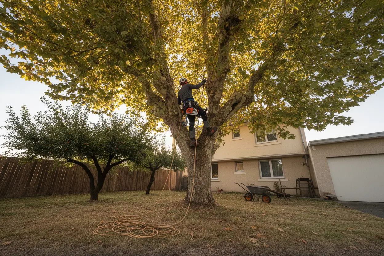 Élagueur grimpeur progressant dans un grand arbre à Beaumont