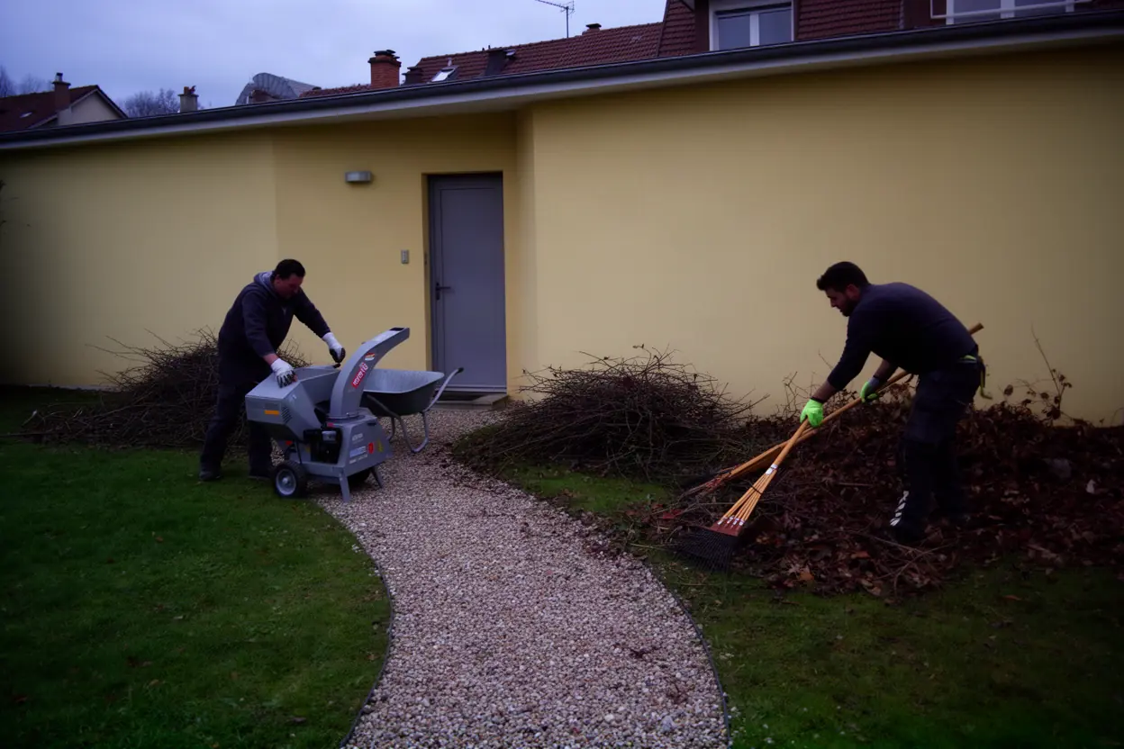 Broyage de branches après élagage dans un jardin à Beaumont